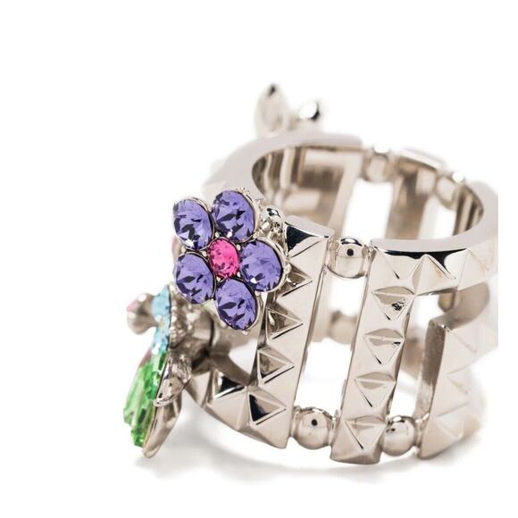 NIB Versace Silver Tone Ring 15 US 7 Greca Multi Color Crystal Flower Bloom $675 - Picture 4 of 14